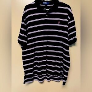 Vtg Polo Ralph Lauren Black With Pink & White Stripes Pink Pony Shirt Men's XL